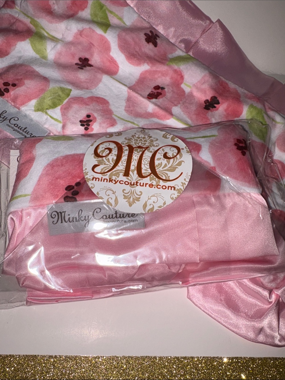 Minky Couture Mini-Baby Lovey Security Blanket Pink Poppy Floral Satin Trim